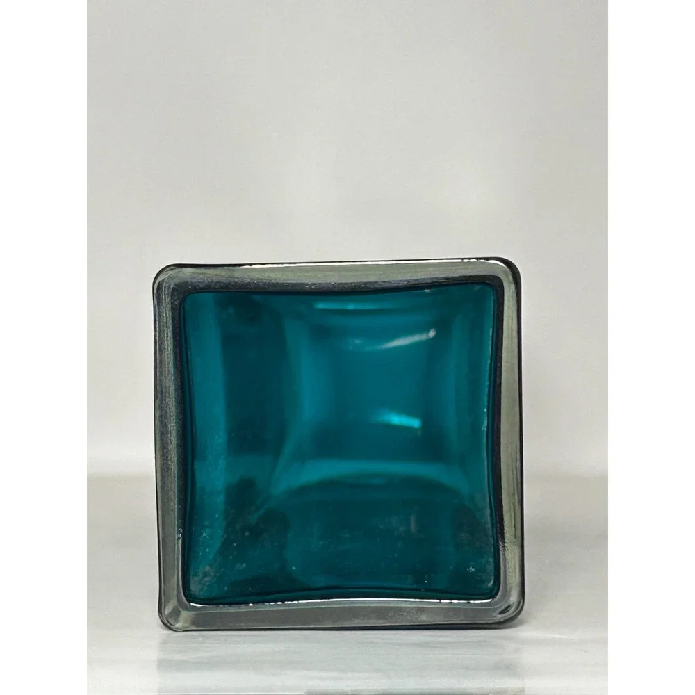 Modern Teal Sommerso Glass Vase Square Green Bud Vase‎ 8 Inch Heavy Clear Base